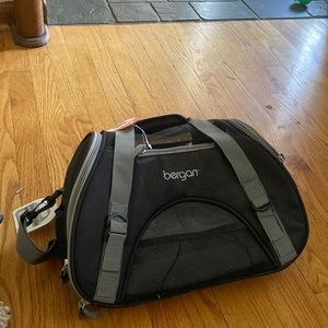 pet carrier for small dogs or cats . Fur lined shoulder and hand strap